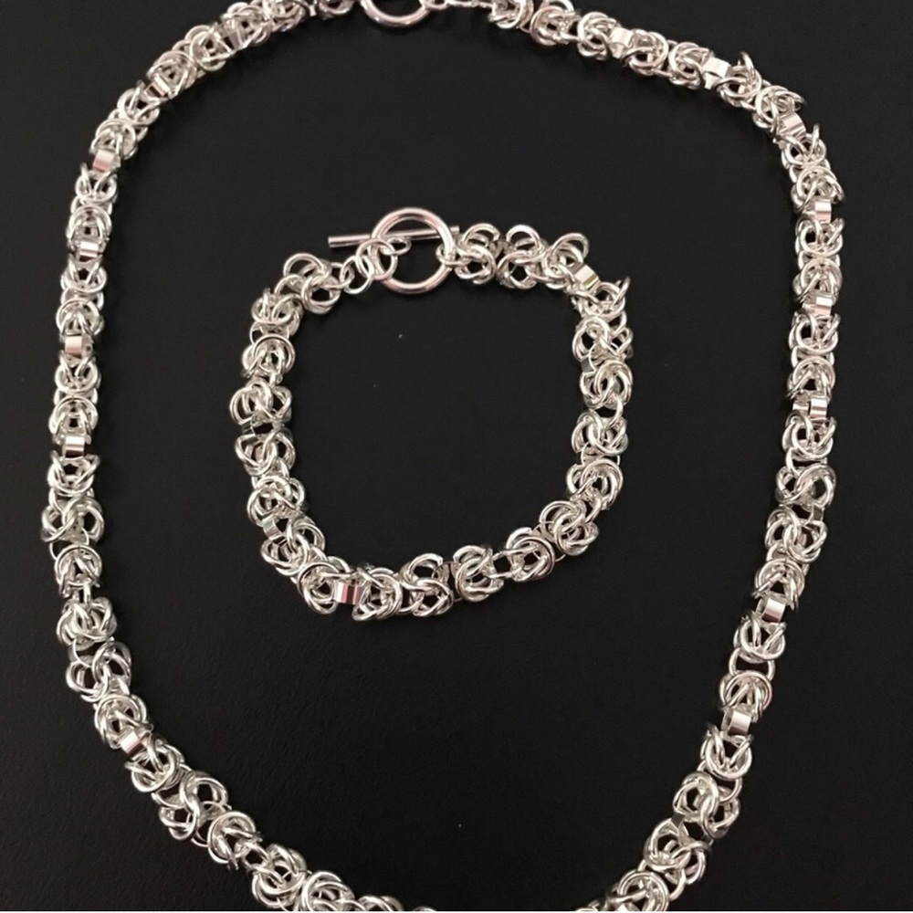 Sterling Silver Byzantine Chain Necklace and Bracelet Set